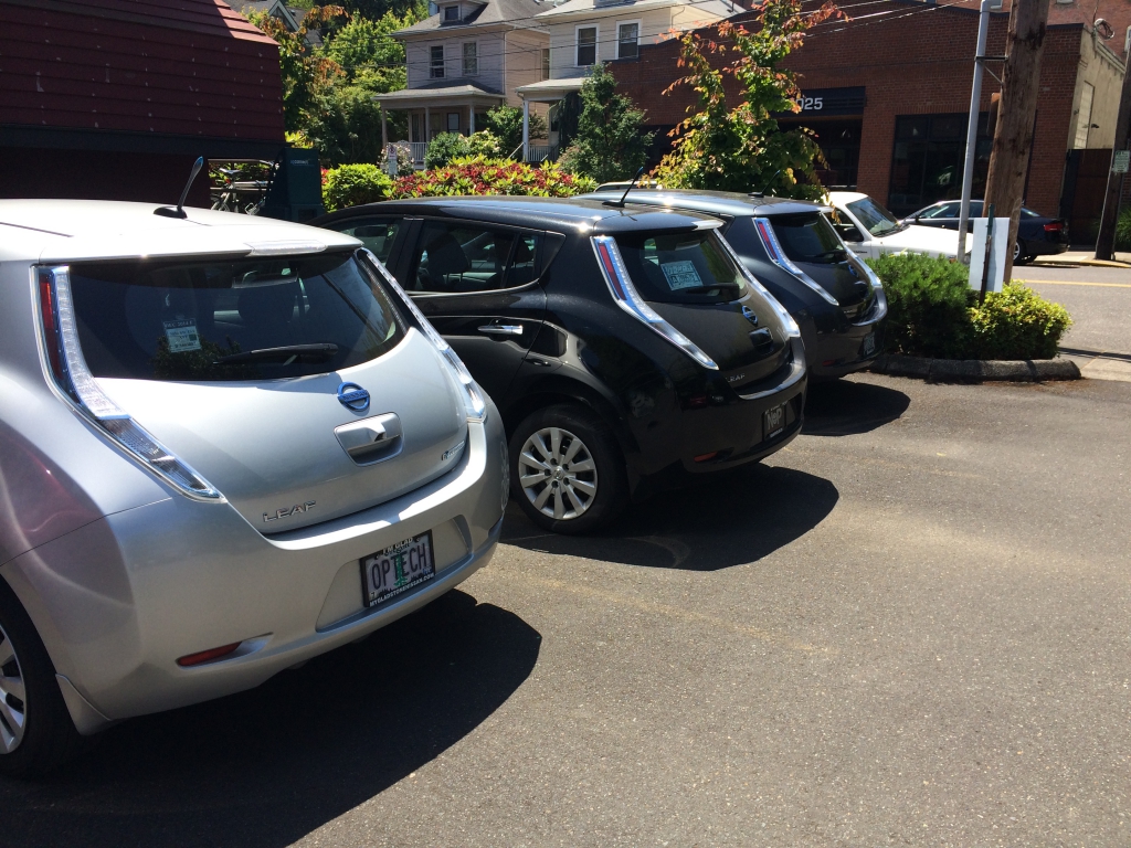 Workplace Charging pic of Nissan LEAFs charging at OpConnect